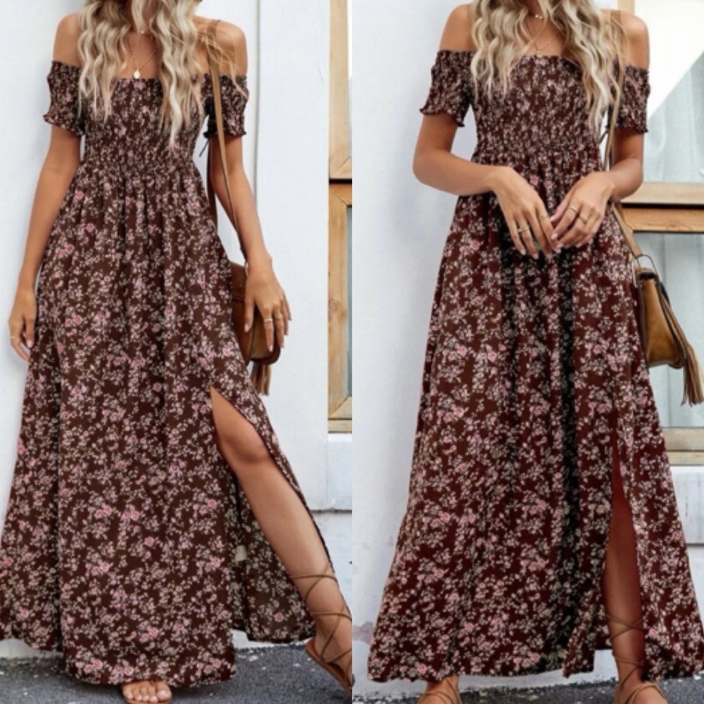 Boho Off-Shoulder Brown Floral Maxi Dress
